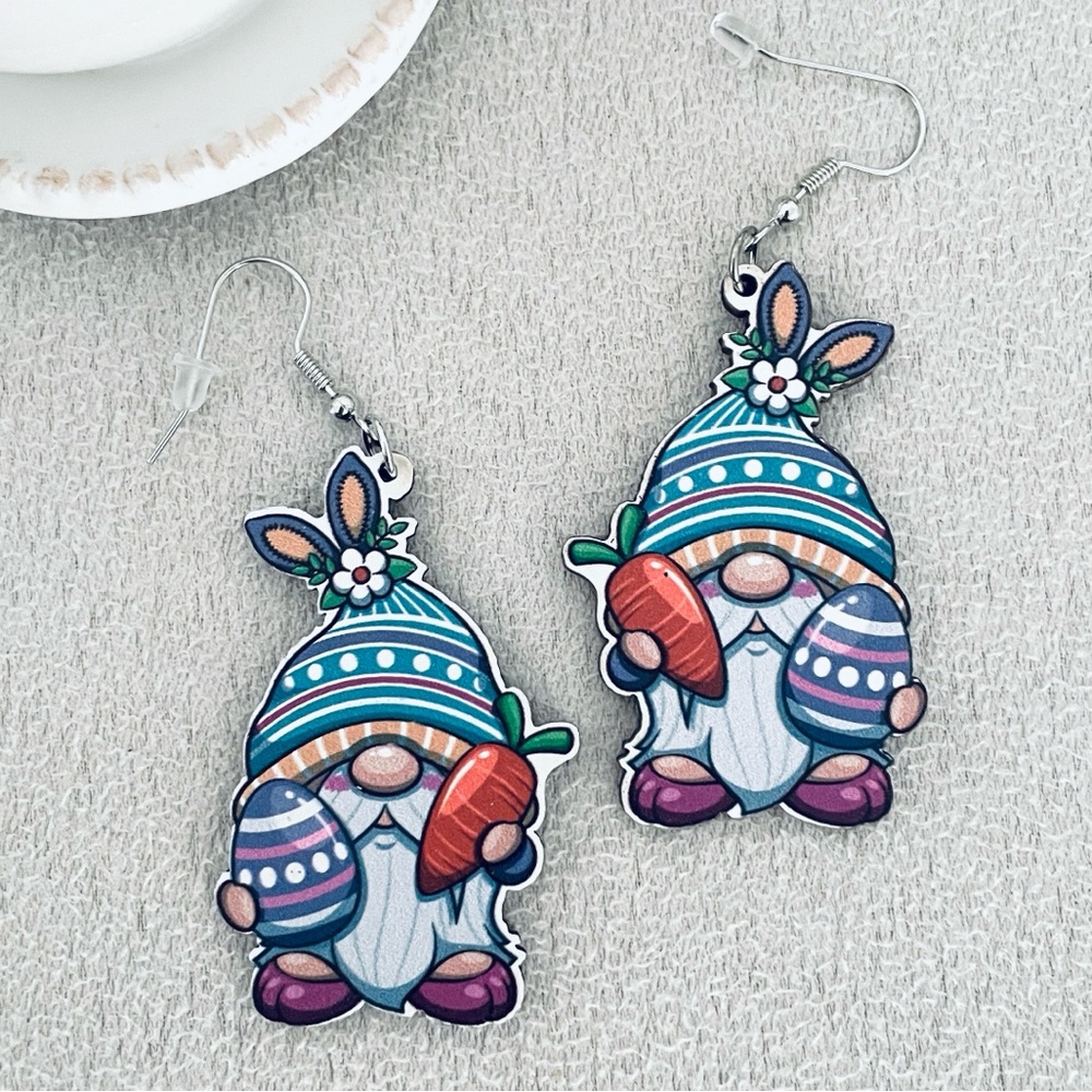 Bunny Gnome with carrot wooden earrings